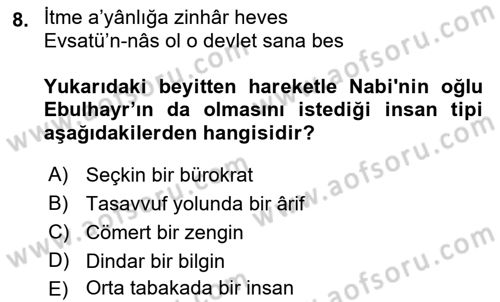 XVII. Yüzyıl Türk Edebiyatı Dersi 2021 - 2022 Yılı (Final) Dönem Sonu Sınavı 8. Soru