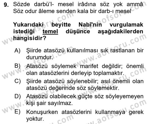 XVII. Yüzyıl Türk Edebiyatı Dersi 2021 - 2022 Yılı (Final) Dönem Sonu Sınavı 9. Soru