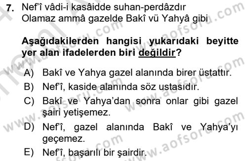 XVII. Yüzyıl Türk Edebiyatı Dersi 2023 - 2024 Yılı (Vize) Ara Sınavı 7. Soru