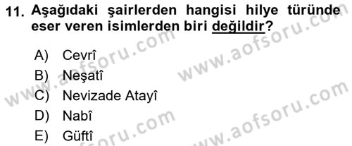 XVII. Yüzyıl Türk Edebiyatı Dersi 2023 - 2024 Yılı (Final) Dönem Sonu Sınav Soruları 11. Soru