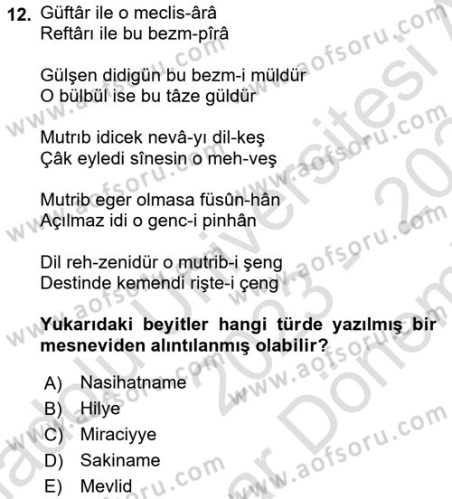 XVII. Yüzyıl Türk Edebiyatı Dersi 2023 - 2024 Yılı (Final) Dönem Sonu Sınav Soruları 12. Soru