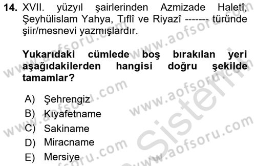 XVII. Yüzyıl Türk Edebiyatı Dersi 2023 - 2024 Yılı (Final) Dönem Sonu Sınav Soruları 14. Soru