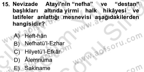 XVII. Yüzyıl Türk Edebiyatı Dersi 2023 - 2024 Yılı (Final) Dönem Sonu Sınav Soruları 15. Soru