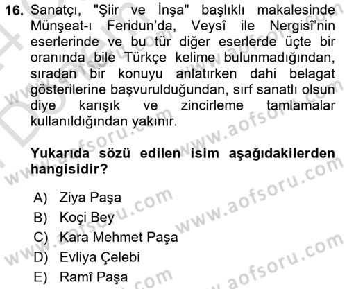 XVII. Yüzyıl Türk Edebiyatı Dersi 2023 - 2024 Yılı (Final) Dönem Sonu Sınav Soruları 16. Soru