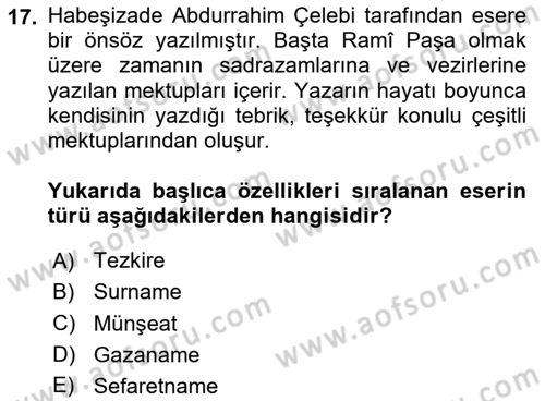 XVII. Yüzyıl Türk Edebiyatı Dersi 2023 - 2024 Yılı (Final) Dönem Sonu Sınav Soruları 17. Soru