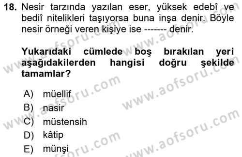 XVII. Yüzyıl Türk Edebiyatı Dersi 2023 - 2024 Yılı (Final) Dönem Sonu Sınav Soruları 18. Soru