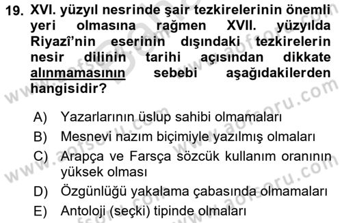 XVII. Yüzyıl Türk Edebiyatı Dersi 2023 - 2024 Yılı (Final) Dönem Sonu Sınav Soruları 19. Soru