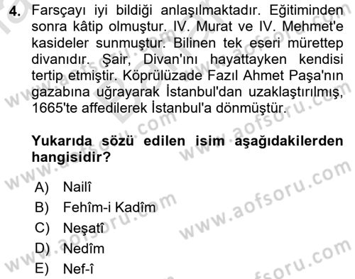 XVII. Yüzyıl Türk Edebiyatı Dersi 2023 - 2024 Yılı (Final) Dönem Sonu Sınav Soruları 4. Soru
