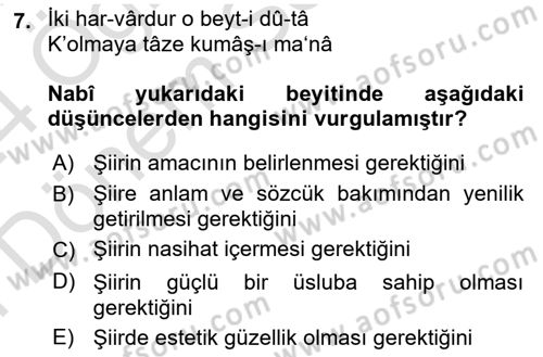 XVII. Yüzyıl Türk Edebiyatı Dersi 2023 - 2024 Yılı (Final) Dönem Sonu Sınav Soruları 7. Soru