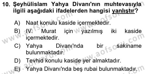 XVII. Yüzyıl Türk Edebiyatı Dersi 2024 - 2025 Yılı (Vize) Ara Sınav Soruları 10. Soru