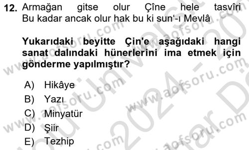 XVII. Yüzyıl Türk Edebiyatı Dersi 2024 - 2025 Yılı (Vize) Ara Sınav Soruları 12. Soru