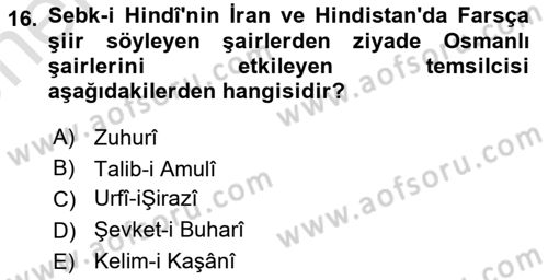 XVII. Yüzyıl Türk Edebiyatı Dersi 2024 - 2025 Yılı (Vize) Ara Sınav Soruları 16. Soru