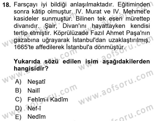 XVII. Yüzyıl Türk Edebiyatı Dersi 2024 - 2025 Yılı (Vize) Ara Sınav Soruları 18. Soru