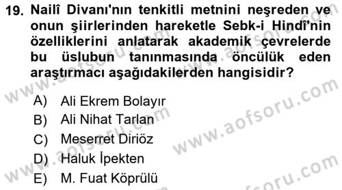 XVII. Yüzyıl Türk Edebiyatı Dersi 2024 - 2025 Yılı (Vize) Ara Sınav Soruları 19. Soru
