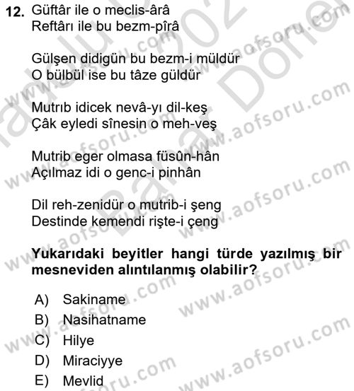 XVII. Yüzyıl Türk Edebiyatı Dersi 2024 - 2025 Yılı (Final) Dönem Sonu Sınav Soruları 12. Soru