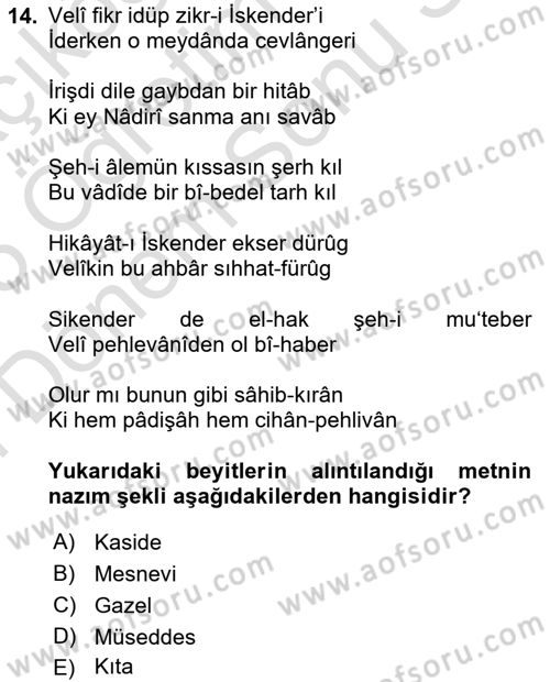 XVII. Yüzyıl Türk Edebiyatı Dersi 2024 - 2025 Yılı (Final) Dönem Sonu Sınav Soruları 14. Soru