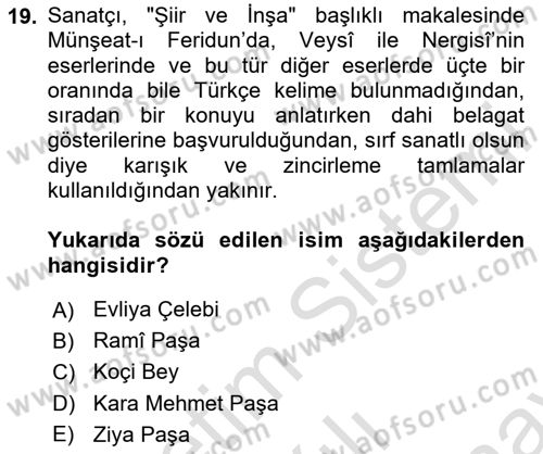 XVII. Yüzyıl Türk Edebiyatı Dersi 2024 - 2025 Yılı (Final) Dönem Sonu Sınav Soruları 19. Soru