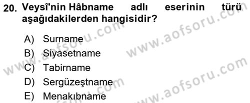 XVII. Yüzyıl Türk Edebiyatı Dersi 2024 - 2025 Yılı (Final) Dönem Sonu Sınav Soruları 20. Soru