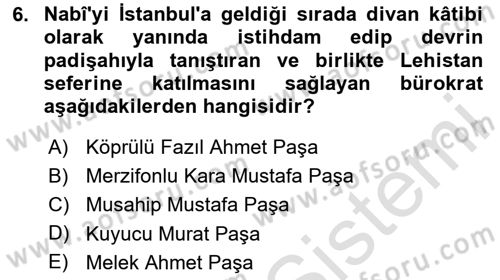 XVII. Yüzyıl Türk Edebiyatı Dersi 2024 - 2025 Yılı (Final) Dönem Sonu Sınav Soruları 6. Soru