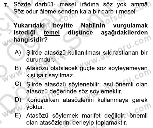 XVII. Yüzyıl Türk Edebiyatı Dersi 2024 - 2025 Yılı (Final) Dönem Sonu Sınav Soruları 7. Soru