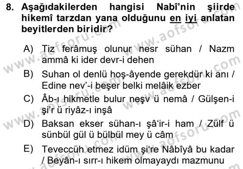 XVII. Yüzyıl Türk Edebiyatı Dersi 2024 - 2025 Yılı (Final) Dönem Sonu Sınav Soruları 8. Soru