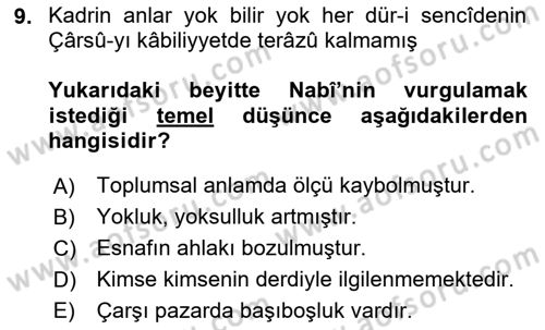XVII. Yüzyıl Türk Edebiyatı Dersi 2024 - 2025 Yılı (Final) Dönem Sonu Sınav Soruları 9. Soru