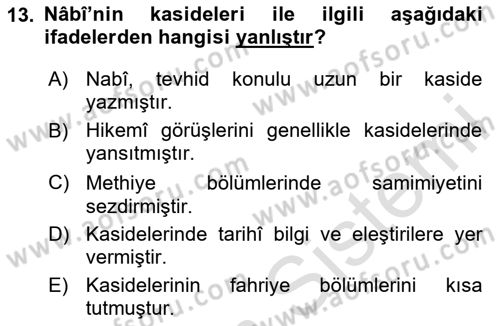 XVII. Yüzyıl Türk Edebiyatı Dersi 2024 - 2025 Yılı Yaz Okulu Sınav Soruları 13. Soru