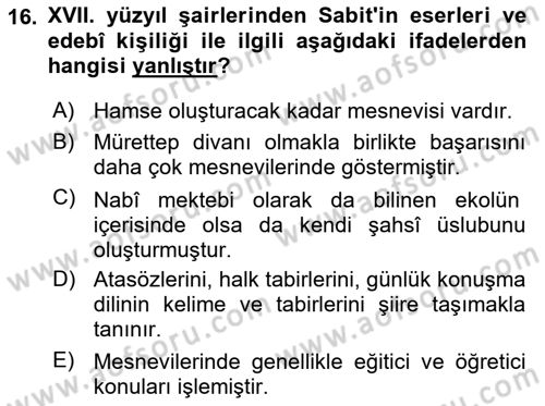 XVII. Yüzyıl Türk Edebiyatı Dersi 2024 - 2025 Yılı Yaz Okulu Sınav Soruları 16. Soru