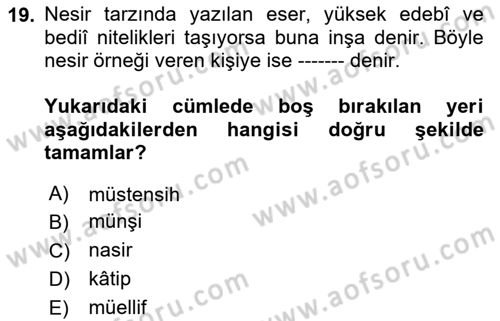 XVII. Yüzyıl Türk Edebiyatı Dersi 2024 - 2025 Yılı Yaz Okulu Sınav Soruları 19. Soru