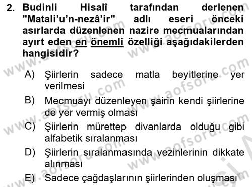 XVII. Yüzyıl Türk Edebiyatı Dersi 2024 - 2025 Yılı Yaz Okulu Sınav Soruları 2. Soru