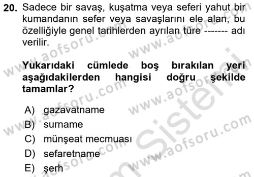 XVII. Yüzyıl Türk Edebiyatı Dersi 2024 - 2025 Yılı Yaz Okulu Sınav Soruları 20. Soru