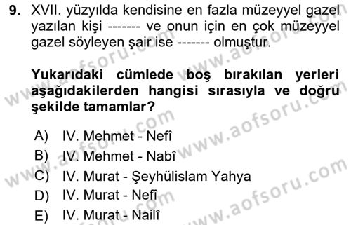 XVII. Yüzyıl Türk Edebiyatı Dersi 2024 - 2025 Yılı Yaz Okulu Sınav Soruları 9. Soru