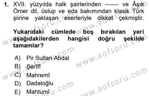 XVII. Yüzyıl Türk Edebiyatı Dersi 2025 - 2026 Yılı (Vize) Ara Sınav Soruları 1. Soru