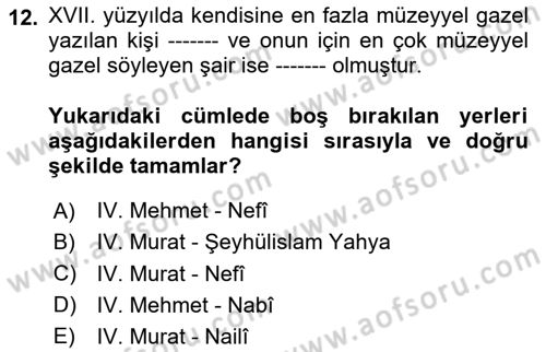 XVII. Yüzyıl Türk Edebiyatı Dersi 2025 - 2026 Yılı (Vize) Ara Sınav Soruları 12. Soru
