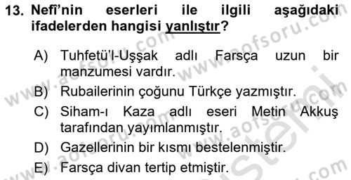 XVII. Yüzyıl Türk Edebiyatı Dersi 2025 - 2026 Yılı (Vize) Ara Sınav Soruları 13. Soru
