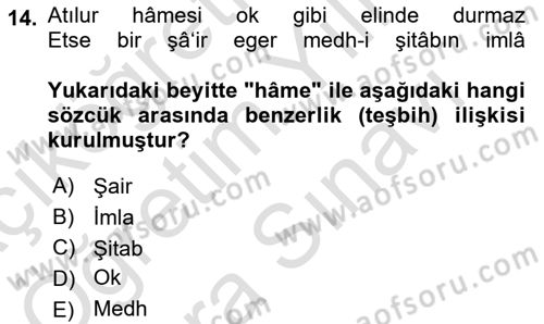 XVII. Yüzyıl Türk Edebiyatı Dersi 2025 - 2026 Yılı (Vize) Ara Sınav Soruları 14. Soru