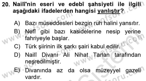 XVII. Yüzyıl Türk Edebiyatı Dersi 2025 - 2026 Yılı (Vize) Ara Sınav Soruları 20. Soru