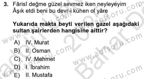 XVII. Yüzyıl Türk Edebiyatı Dersi 2025 - 2026 Yılı (Vize) Ara Sınav Soruları 3. Soru