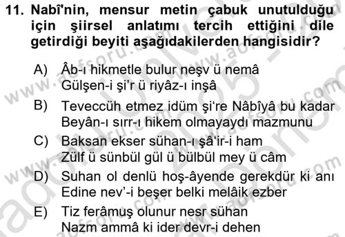 XVII. Yüzyıl Türk Edebiyatı Dersi 2025 - 2026 Yılı (Final) Dönem Sonu Sınav Soruları 11. Soru