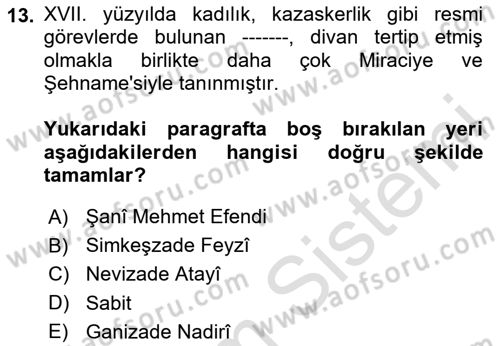 XVII. Yüzyıl Türk Edebiyatı Dersi 2025 - 2026 Yılı (Final) Dönem Sonu Sınav Soruları 13. Soru