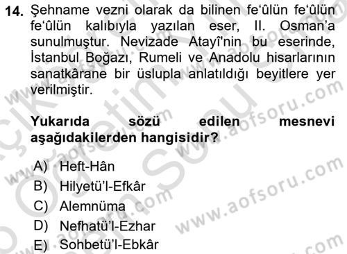 XVII. Yüzyıl Türk Edebiyatı Dersi 2025 - 2026 Yılı (Final) Dönem Sonu Sınav Soruları 14. Soru