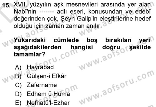 XVII. Yüzyıl Türk Edebiyatı Dersi 2025 - 2026 Yılı (Final) Dönem Sonu Sınav Soruları 15. Soru
