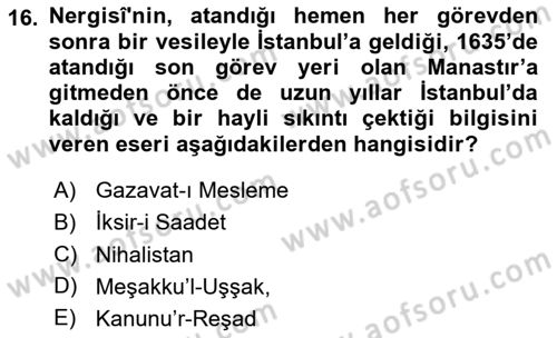 XVII. Yüzyıl Türk Edebiyatı Dersi 2025 - 2026 Yılı (Final) Dönem Sonu Sınav Soruları 16. Soru