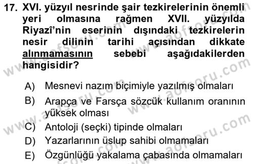 XVII. Yüzyıl Türk Edebiyatı Dersi 2025 - 2026 Yılı (Final) Dönem Sonu Sınav Soruları 17. Soru