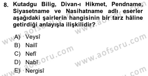 XVII. Yüzyıl Türk Edebiyatı Dersi 2025 - 2026 Yılı (Final) Dönem Sonu Sınav Soruları 8. Soru