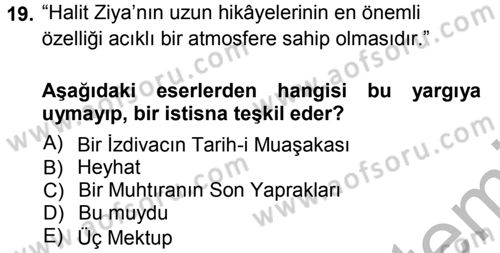 2. Abdülhamit Dönemi Türk Edebiyatı Dersi 2012 - 2013 Yılı (Vize) Ara Sınav Soruları 19. Soru