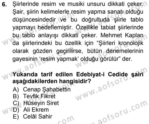 2. Abdülhamit Dönemi Türk Edebiyatı Dersi 2012 - 2013 Yılı (Vize) Ara Sınav Soruları 6. Soru