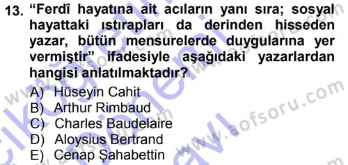 2. Abdülhamit Dönemi Türk Edebiyatı Dersi 2012 - 2013 Yılı (Final) Dönem Sonu Sınav Soruları 13. Soru