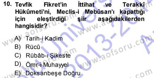2. Abdülhamit Dönemi Türk Edebiyatı Dersi 2013 - 2014 Yılı (Vize) Ara Sınav Soruları 10. Soru