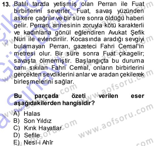 2. Abdülhamit Dönemi Türk Edebiyatı Dersi 2013 - 2014 Yılı (Vize) Ara Sınav Soruları 13. Soru
